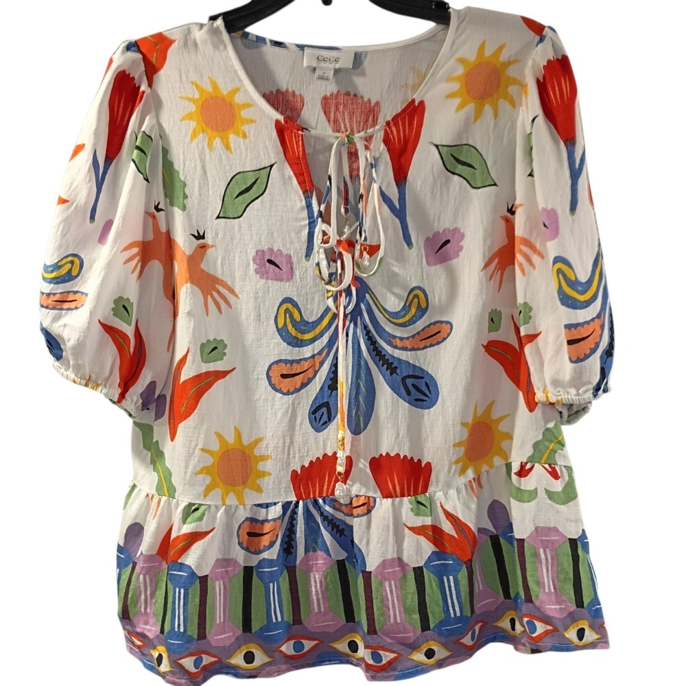 Cece Blouse Womens Size M Colorful Aztec Pattern VNeck Drawstring Summer Top EUC - Picture 1 of 8